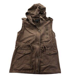 Zenana Outfitters Womens Utility Vest Jacket Medium Brown Hooded Cinched Waist